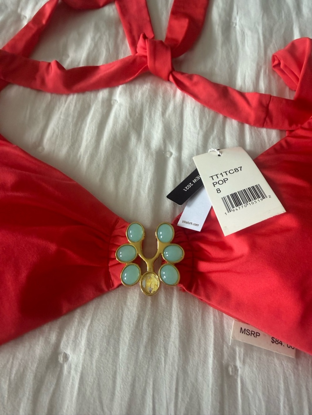 Red Halter Bikini Top with Decorative Turquoise Accent
